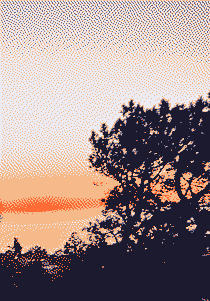 A dithered sunset over the ocean behind a large tree.